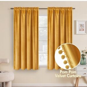 Miulee 63x52 Velvet Pom Pom Mustard Yellow Curtains Room Darkening Thermal Set 2